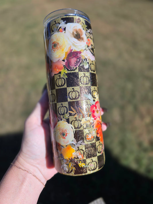 Tumbler -Checkered Pumkin Floral