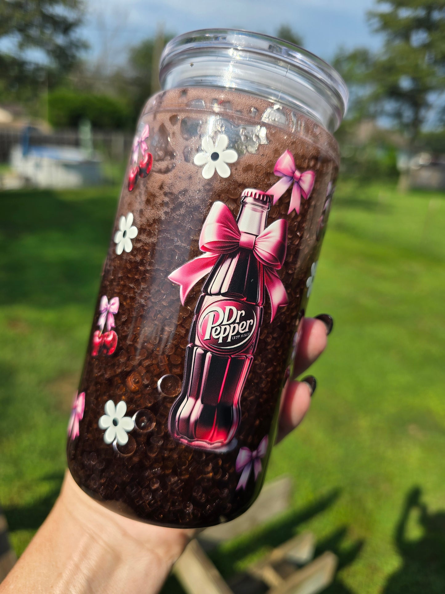 Dr Pepper Girly Soda Snow Globe – 20oz Acrylic Tumbler with Handle
