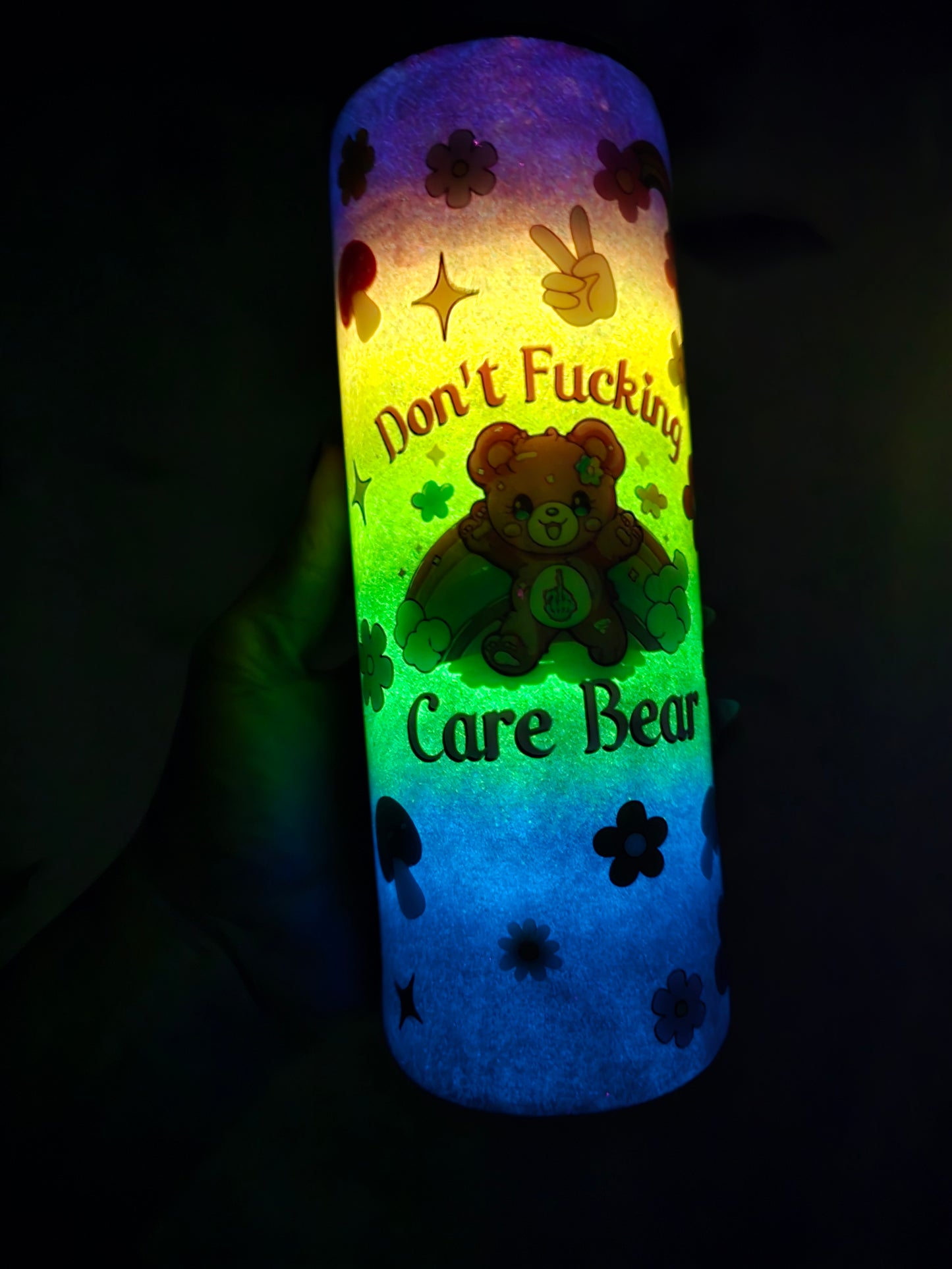 Don't Fucking Care Bear Rainbow Glow 20oz Skinny Tumbler