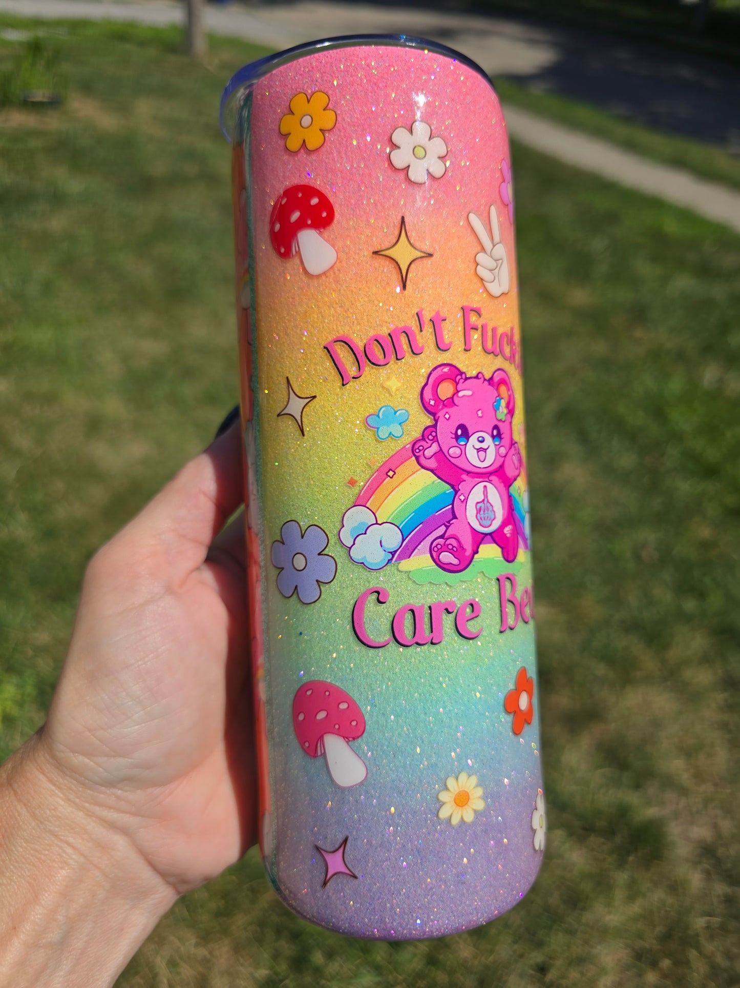 Don't Fucking Care Bear Rainbow Glow 20oz Skinny Tumbler
