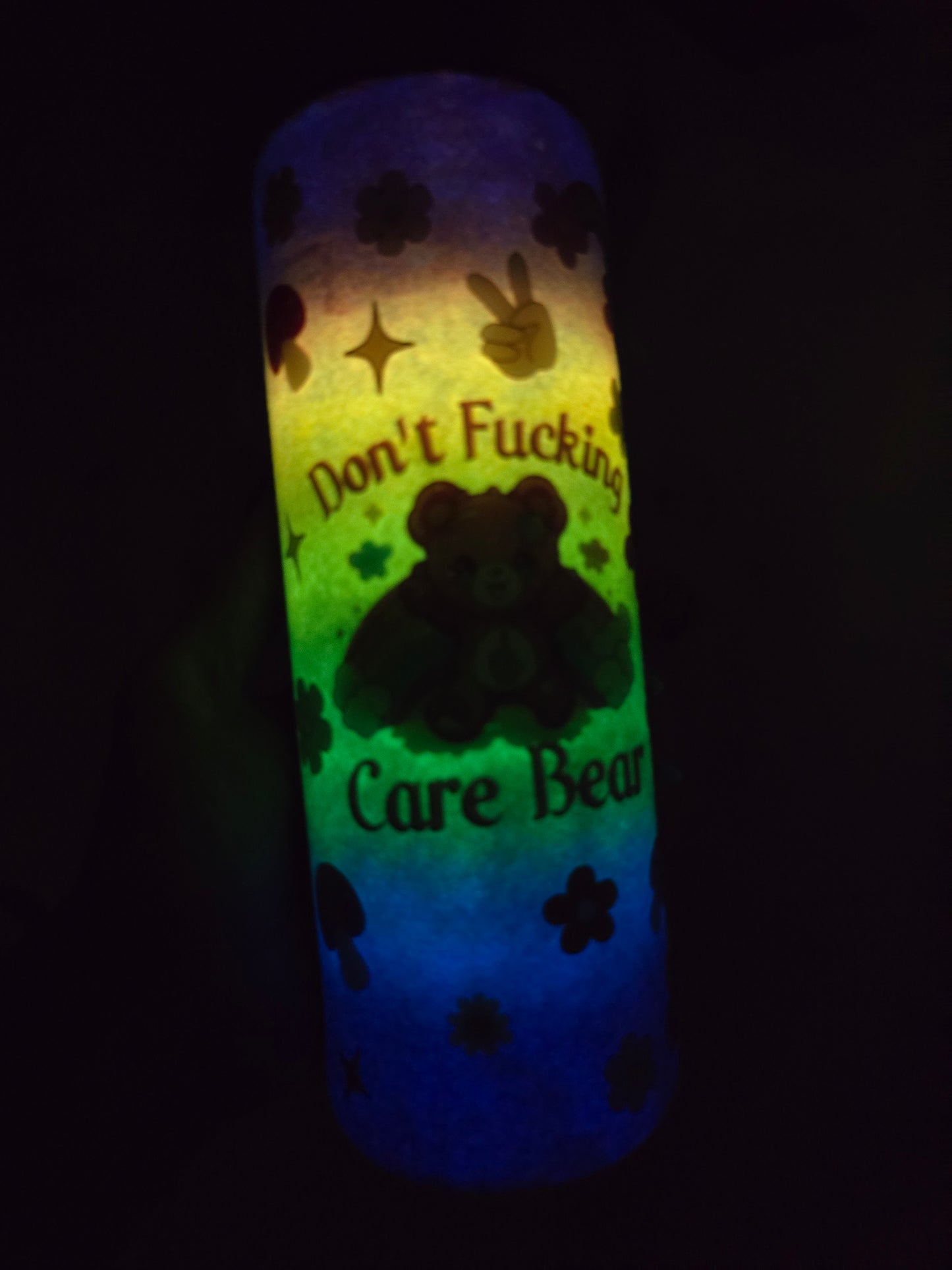 Don't Fucking Care Bear Rainbow Glow 20oz Skinny Tumbler