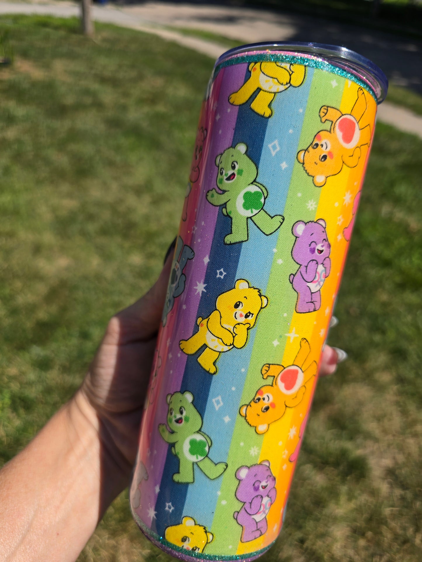 Don't Fucking Care Bear Rainbow Glow 20oz Skinny Tumbler