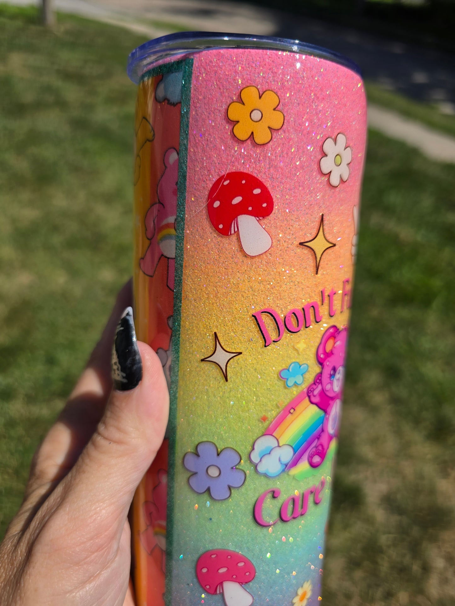 Don't Fucking Care Bear Rainbow Glow 20oz Skinny Tumbler