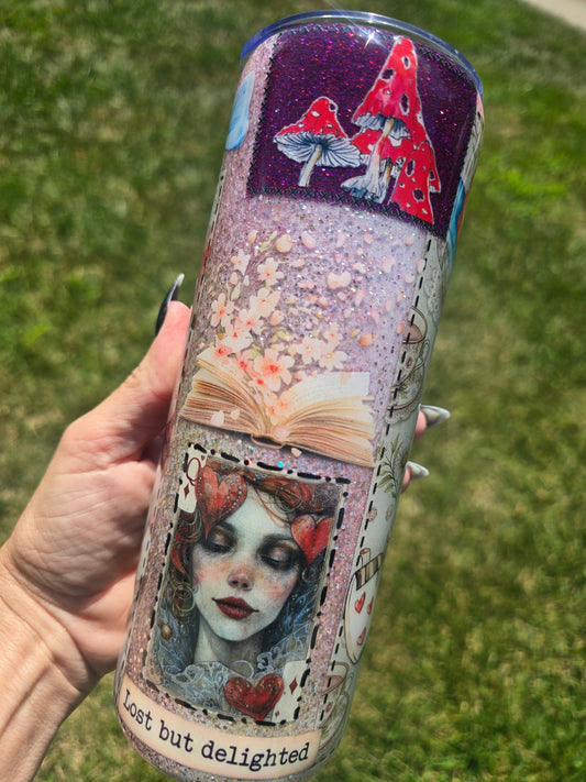 Wonderland Collage Glitter Tumbler 20oz skinny