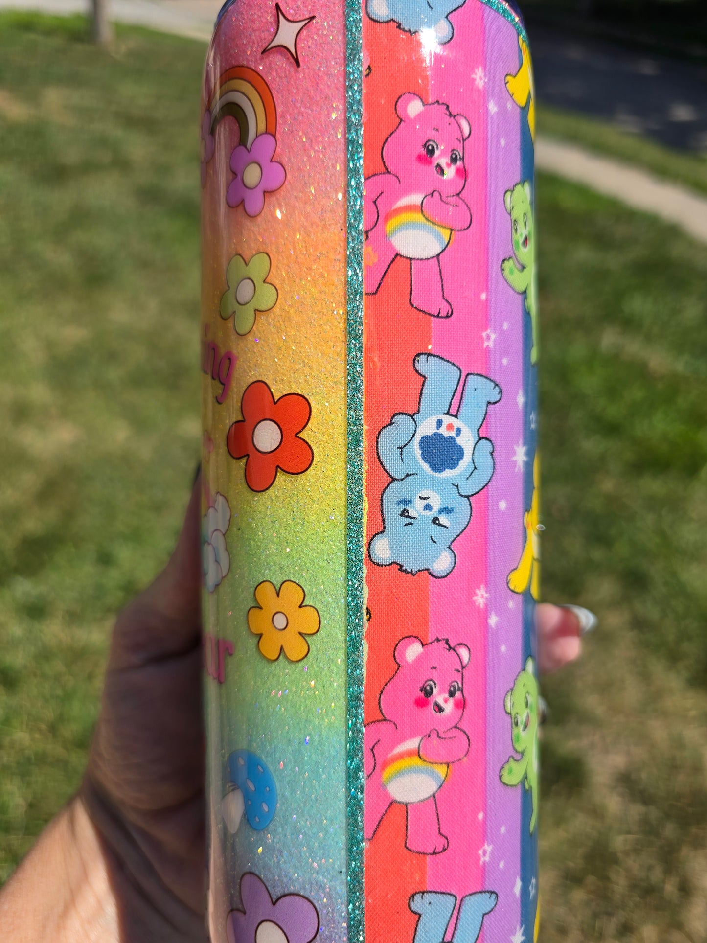Don't Fucking Care Bear Rainbow Glow 20oz Skinny Tumbler