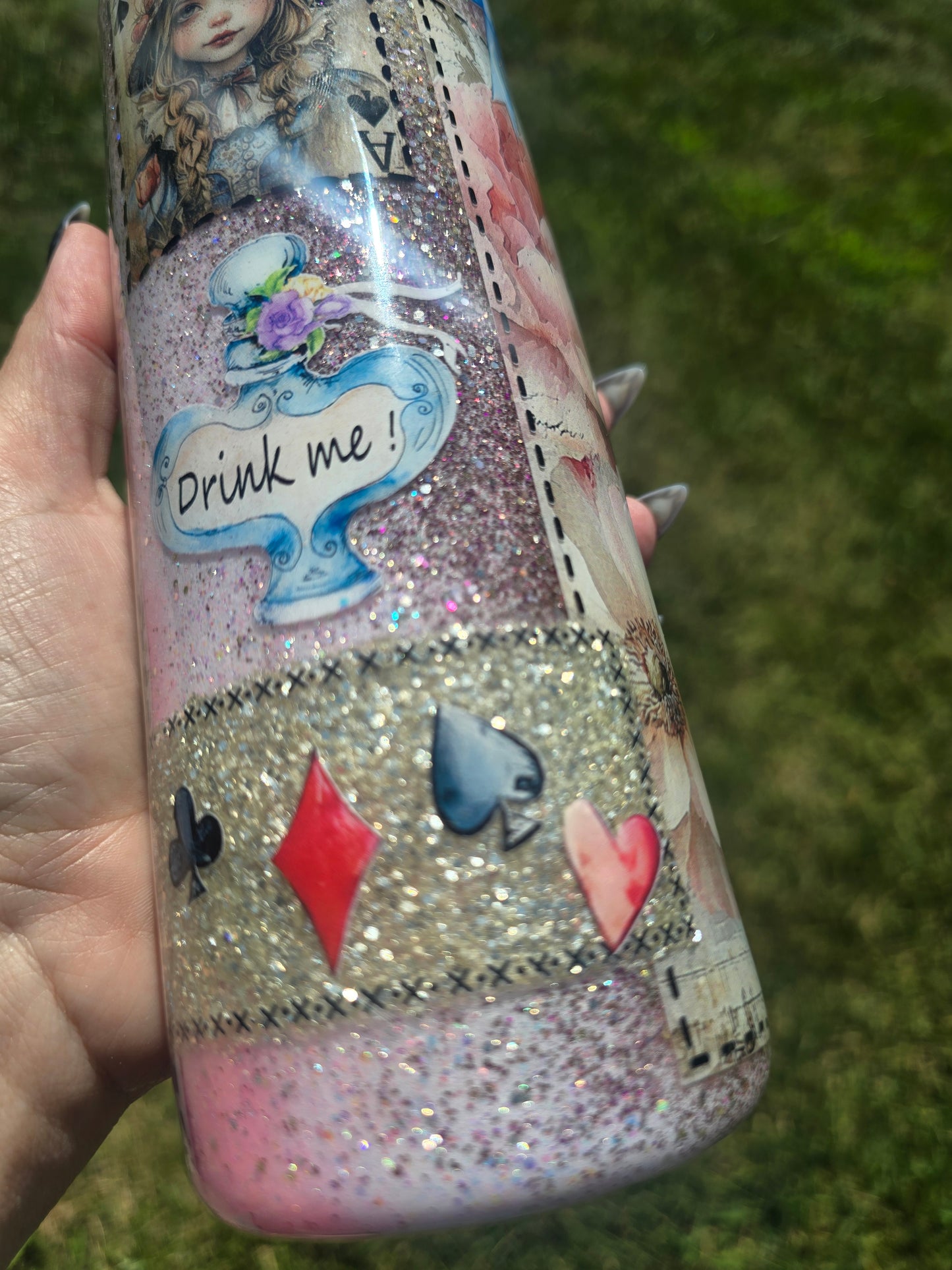 Wonderland Collage Glitter Tumbler 20oz skinny