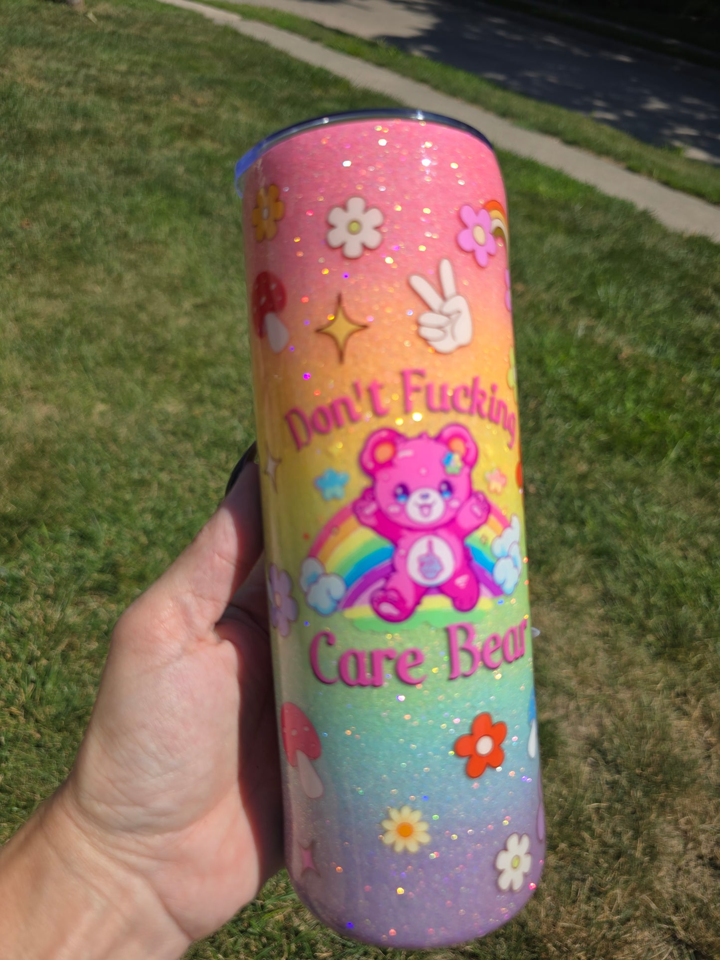 Don't Fucking Care Bear Rainbow Glow 20oz Skinny Tumbler