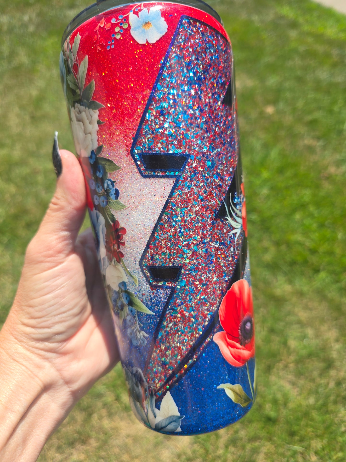 Patriotic Floral Glitter 30oz Modern Curve Style
