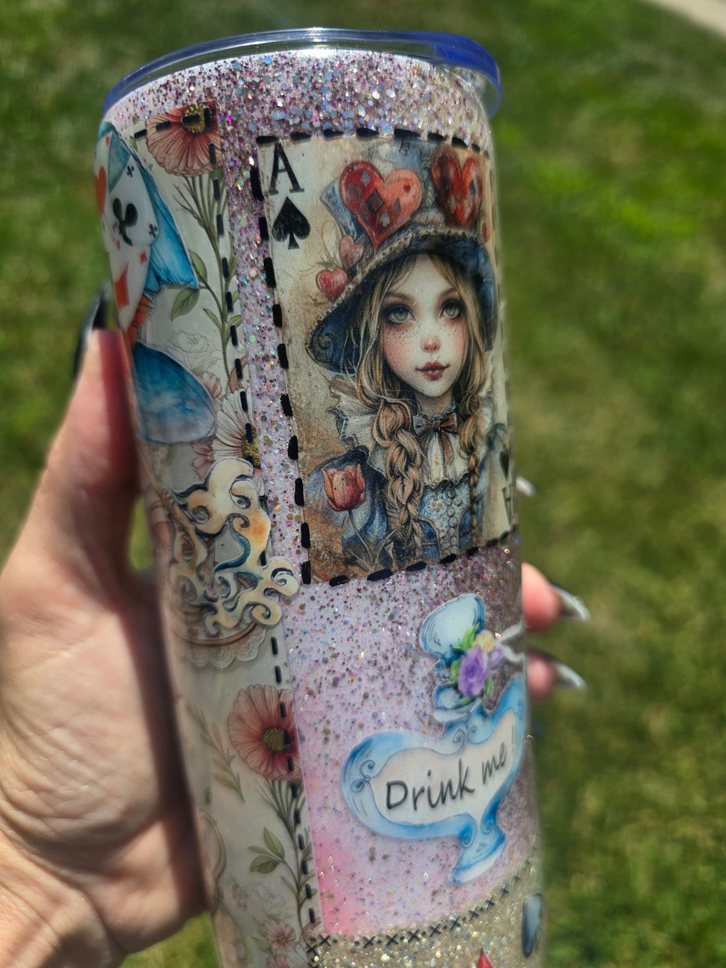 Wonderland Collage Glitter Tumbler 20oz skinny