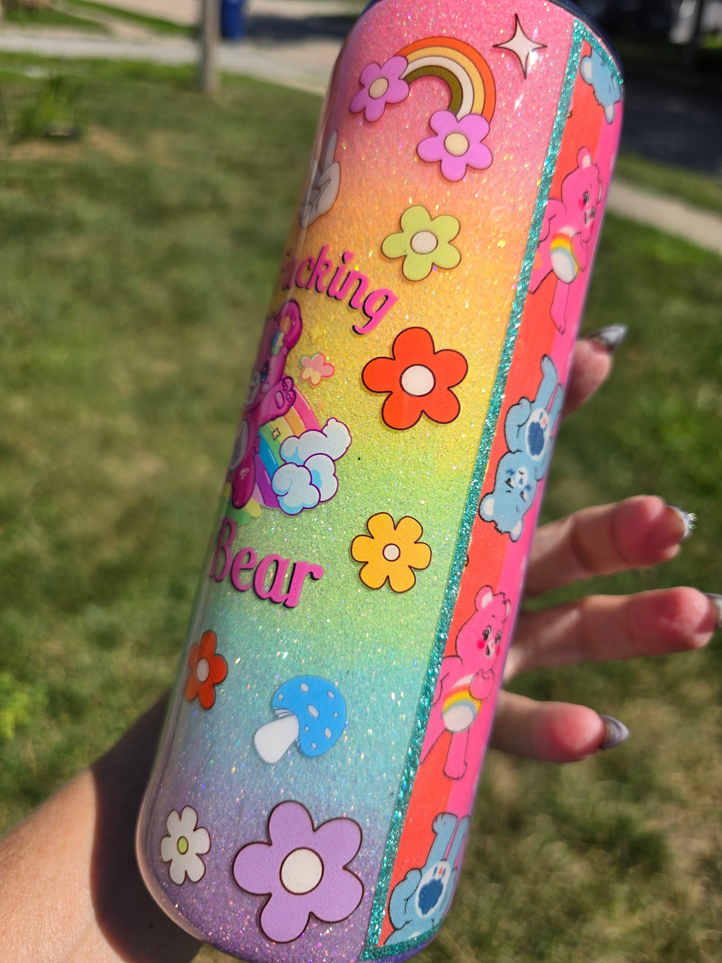Don't Fucking Care Bear Rainbow Glow 20oz Skinny Tumbler