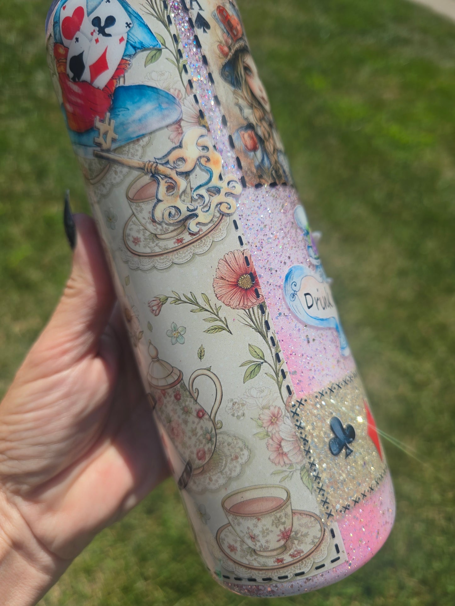 Wonderland Collage Glitter Tumbler 20oz skinny