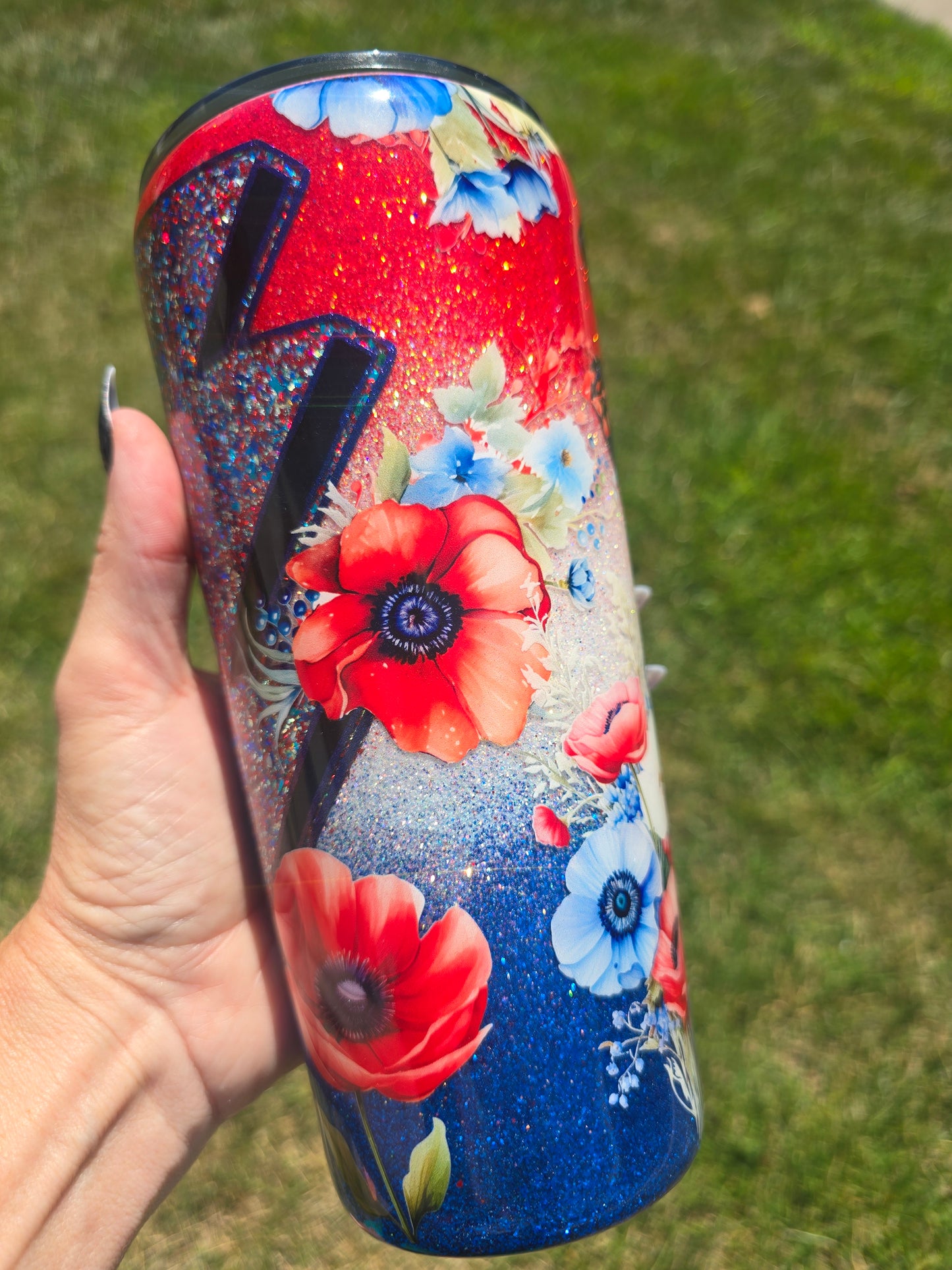 Patriotic Floral Glitter 30oz Modern Curve Style